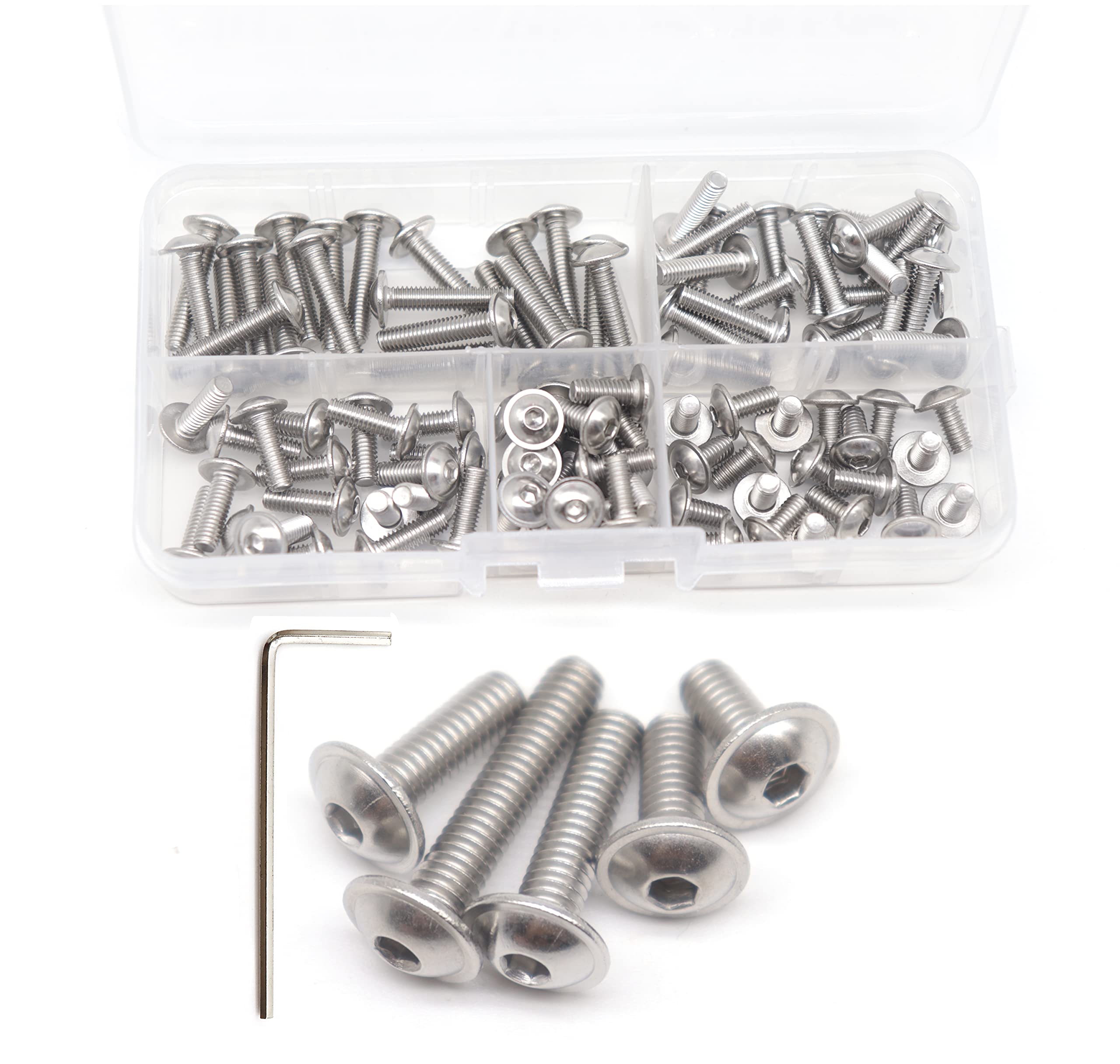 cSeao 100pcs Flanged Button Head Socket Cap M4 Screws Kit, M4x8mm/ 10mm/ 12mm/ 15mm/ 20mm, 304 Stainless Steel 18-8, Allen Socket Drive, Bright Finish, Fully Machine Threaded