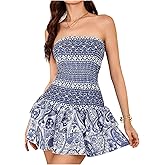 WDIRARA Women's Boho Paisley Print Smocked Strapless Layered Ruffle Mini Dress