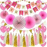 ZERODECO Birthday Party Decoration, Pink Happy Birthday Banner with Paper Fans Garland String Triangle Bunting Flag Tissue Tassel and Balloon for Bday Party Supplies Anniversary Decoration