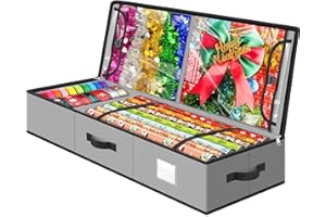 BlessedSeason Wrapping Paper Storage Organizer for 40 Inch Christmas Gifts Wrapping Paper, 2 Visible Supplies Pockets for Holiday Accessories, Christmas Decoration Storage Containers, Grey