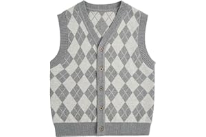 Verdusa Boy's Sweater Vest Button Up Sleeveless Argyle Print Knit V Neck Cardigan Sweaters Top