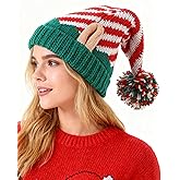 Dolkoic Christmas Elf Knitted Hat with Ear for Adults Striped Xmas Elf Beanie Warmth Hat Xmas New Years Party Hat