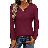 YUCOLEN Womens Long Sleeve Shirts V Neck Cotton T-Shirt Tops Solid Color Casual Breathable Basic Tee Tshirt