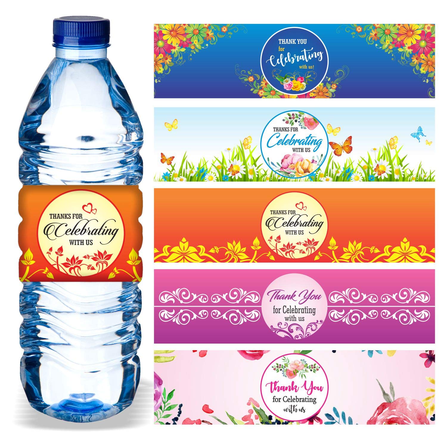 PARTH IMPEX Water Bottle Labels (Pack of 100/5 Designs) Wrap Around 8.5" x 2.25" Wrappers Thank You for Celebrating with us Stickers for Wedding Bridal Baby Shower Birthday Party Decoration