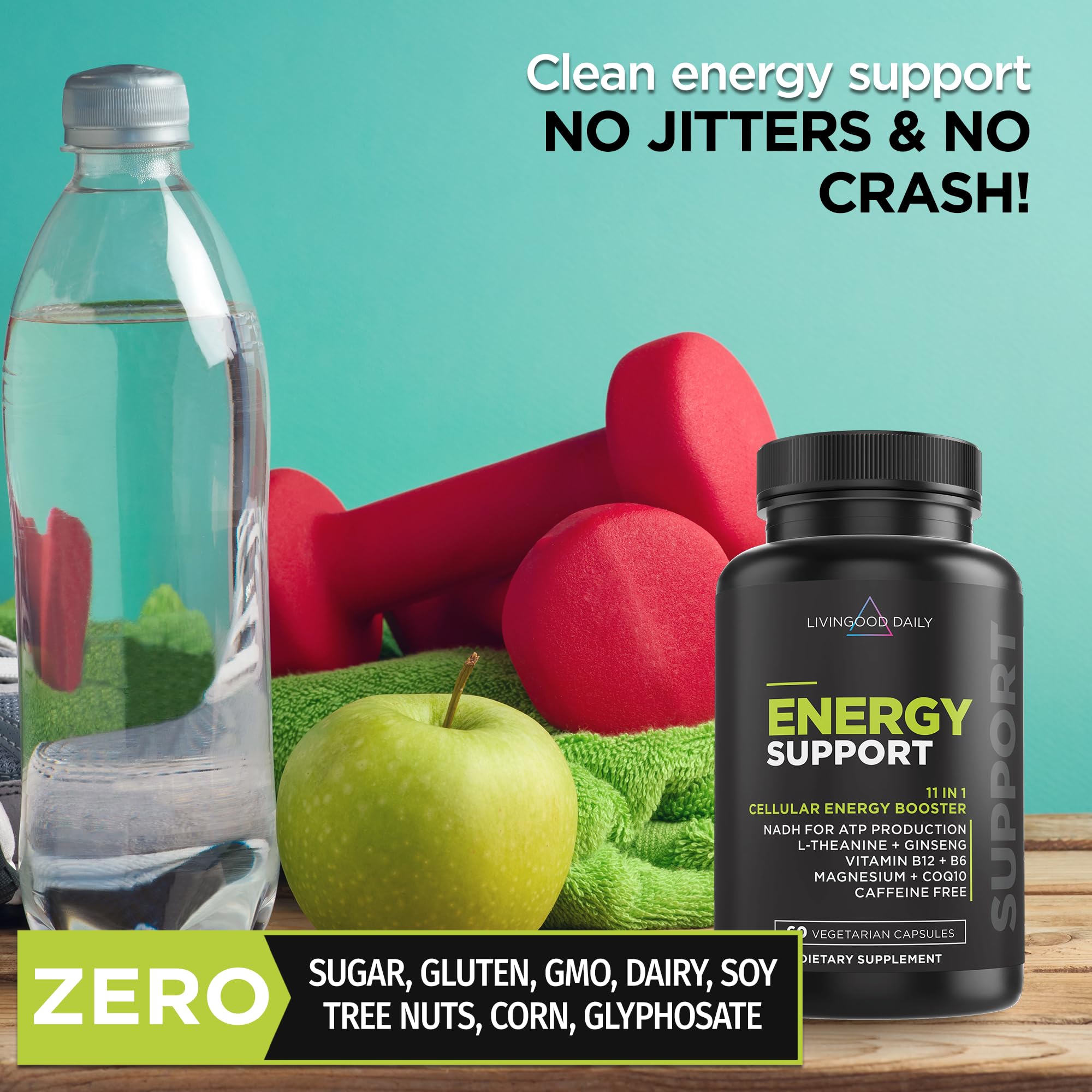 Livingood Daily Energy Support, 11-in-1 Supplement with Magnesium, Vitamin B6, B12, Amino Acids, L Carnitine, CoQ10, Ginseng & L Theanine, Supports Natural Energy for Men & Women, Vegan, 60 Capsules