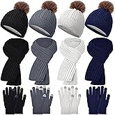 Shyyween 12 Pcs Kids Beanie Hat Scarf Touchscreen Gloves Winter Set Warm Pom Pom Hat Knit Scarves for Girls Boys Cold Weather