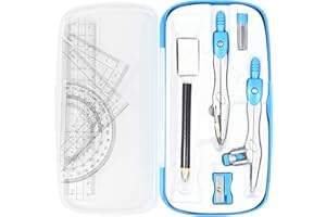 Vobou Math Geometry Kit Sets 10 Piece Student Supplies with Shatterproof Storage Box,Includes Rulers,Protractor,Compass,Eraser,Pencil Sharpener,Lead Refills,Pencil,for Drafting and Drawings（Blue）
