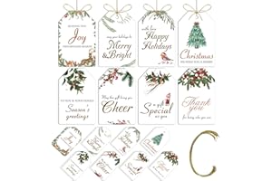 AuroTrends Christmas Gift Tags with String 48Pcs, Name Tags for Christmas Presents -Quality Christmas Tags with Holes& Pre-Cut Strings (8 Styles, 48 Pcs)