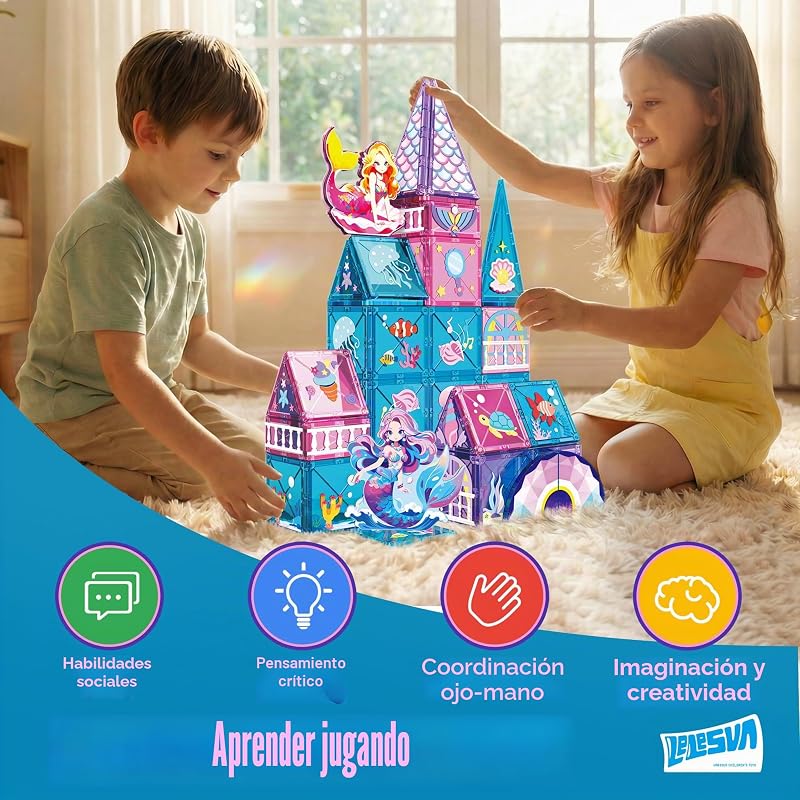Juego de construcción de azulejos magnéticos de sirena, 51 piezas de juguete de construcción magnético para niños y niñas de 3, 4, 5, 6, 7 años, bloques magnéticos educativos STEM para construcción