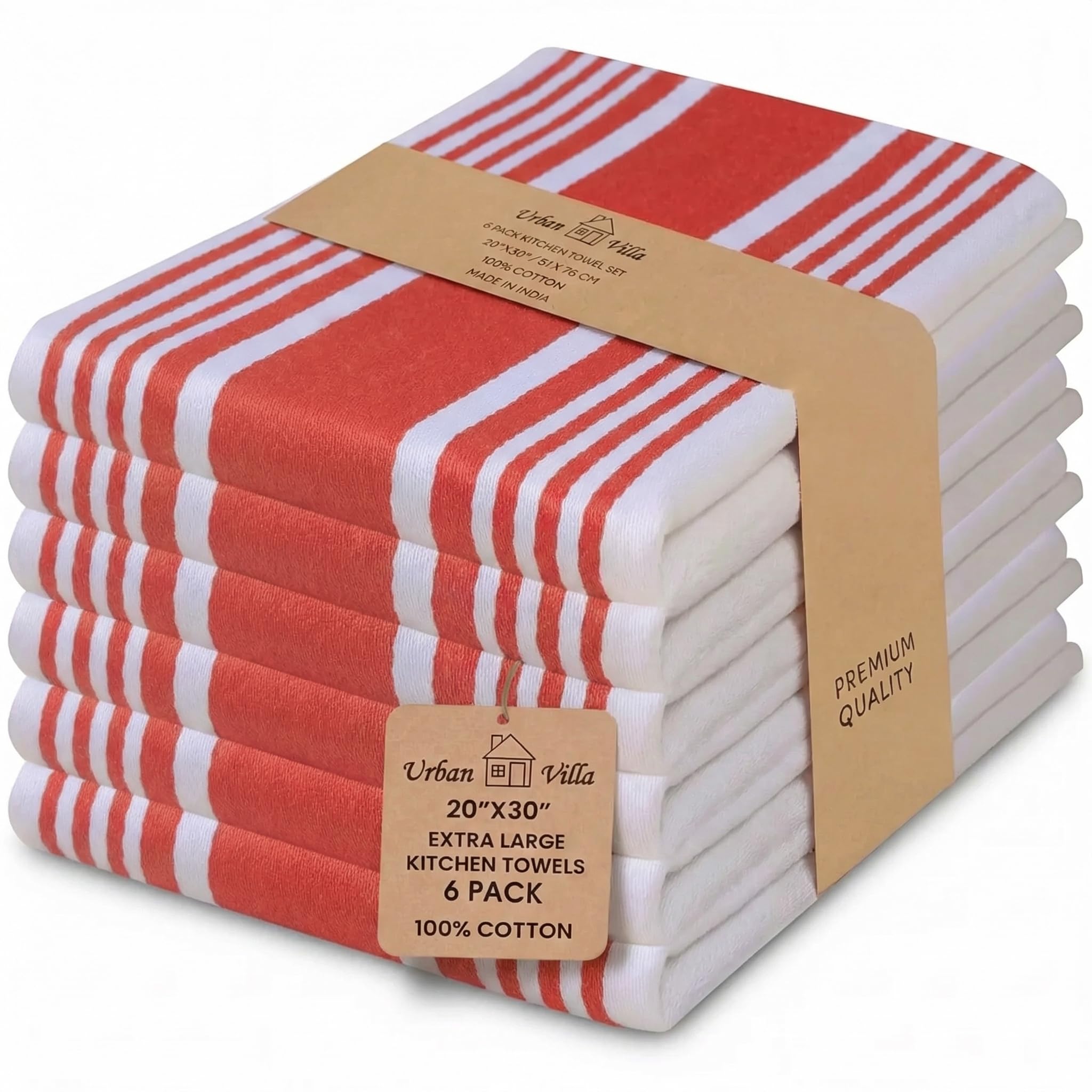 Urban Villa Kitchen Towels,Trendy Stripes, 100% Cotton Dish Towels, Mitered Corners, (Size: 51x76 CMS),Chilli Red/White Highly Absorbent Bar Towels & Tea Towels - (Set of 6)
