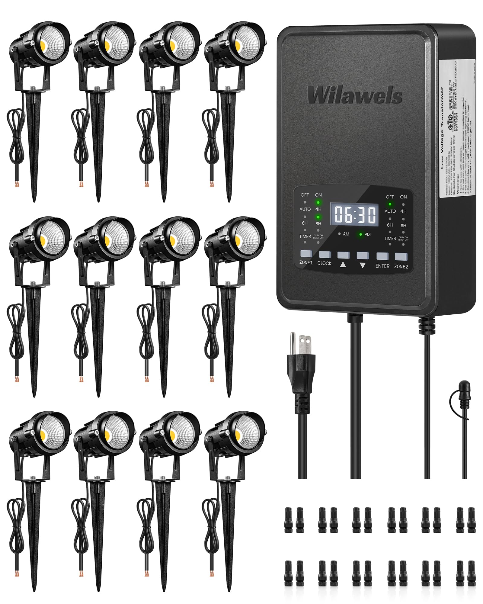 Photo 1 of ** lights only, no transformer **WILAWELS 12 Pack Landscape Lights with 2 Zone 300W Low Voltage Transformer, 3000K 12V LED Landscape Lighting Kit, Waterproof Aluminum Landscape Spotlights with Connectors for Yard Tree Garden W01LK06