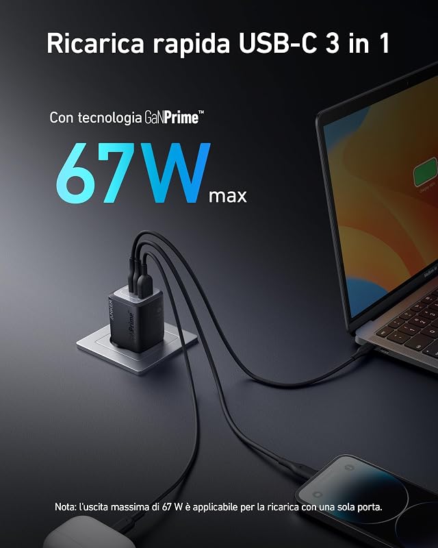 Prime GaN caricatore USB C da 67W con 3 porte