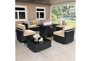 Vakollia 8 Pieces Patio Furniture Set with 44" Propane Gas Fire Pit Table, Outdoor Sectional Wicker Conversation Sofa Sets with Coffee Table