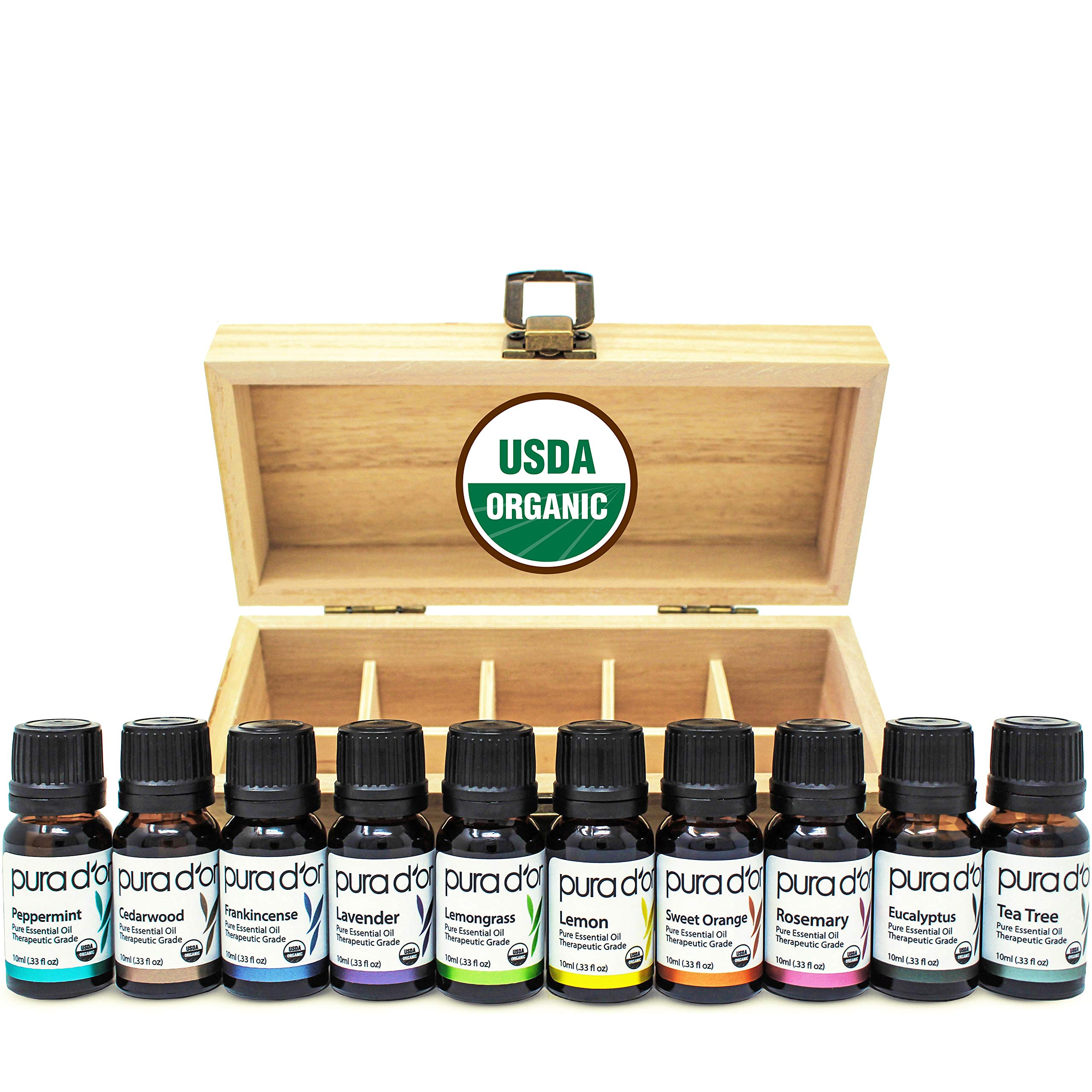 PURA D'OR Organic Essential Oils Set of 10 10ml Perfect10 Wood Box Gift
