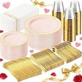 GATHER 350PCS Pink Plastic Plates - Disposable Plastic Dinnerware Set Include 100 Pink Plates, 150 Silverware, 50 Napkins, 50 Cups for Party & Wedding & Valentine's Day