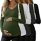 Sweetyweee 4 Pack Women's Maternity Shirts, Cotton Long Sleeve Pregnancy Tops Ribbed V Neck Slim Fit Maternity Clothes