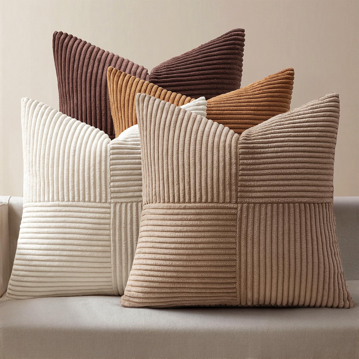 Photo 1 of MIULEE Brown Throw Pillow Covers 18x18 Inch Set of 4 Boho Farmhouse Cushion Cases Neutral Gradient Corduroy Pillow Cases with Invisible Zipper Patchwork Home Decor for Couch Sofa Bed