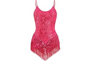 EFOGEP Shiny Sequin Fringe Bodysuit for Women Tassel Latin Jazz Dance Leotard Bodysuit Trapeze Lyrical Dance Bodysuit