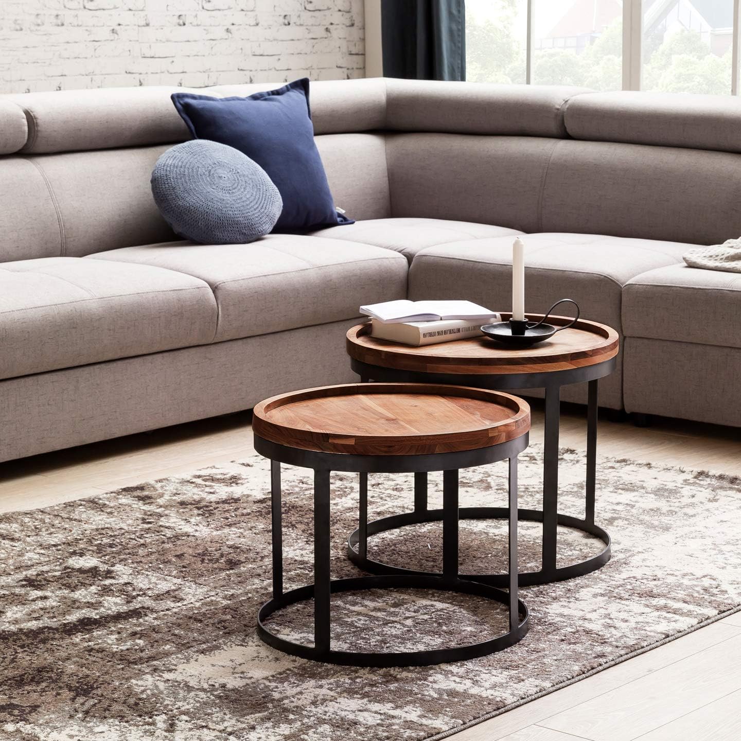 FineBuy 2er Set Beistelltische Massivholz Sheesham Wohnzimmer-Tisch