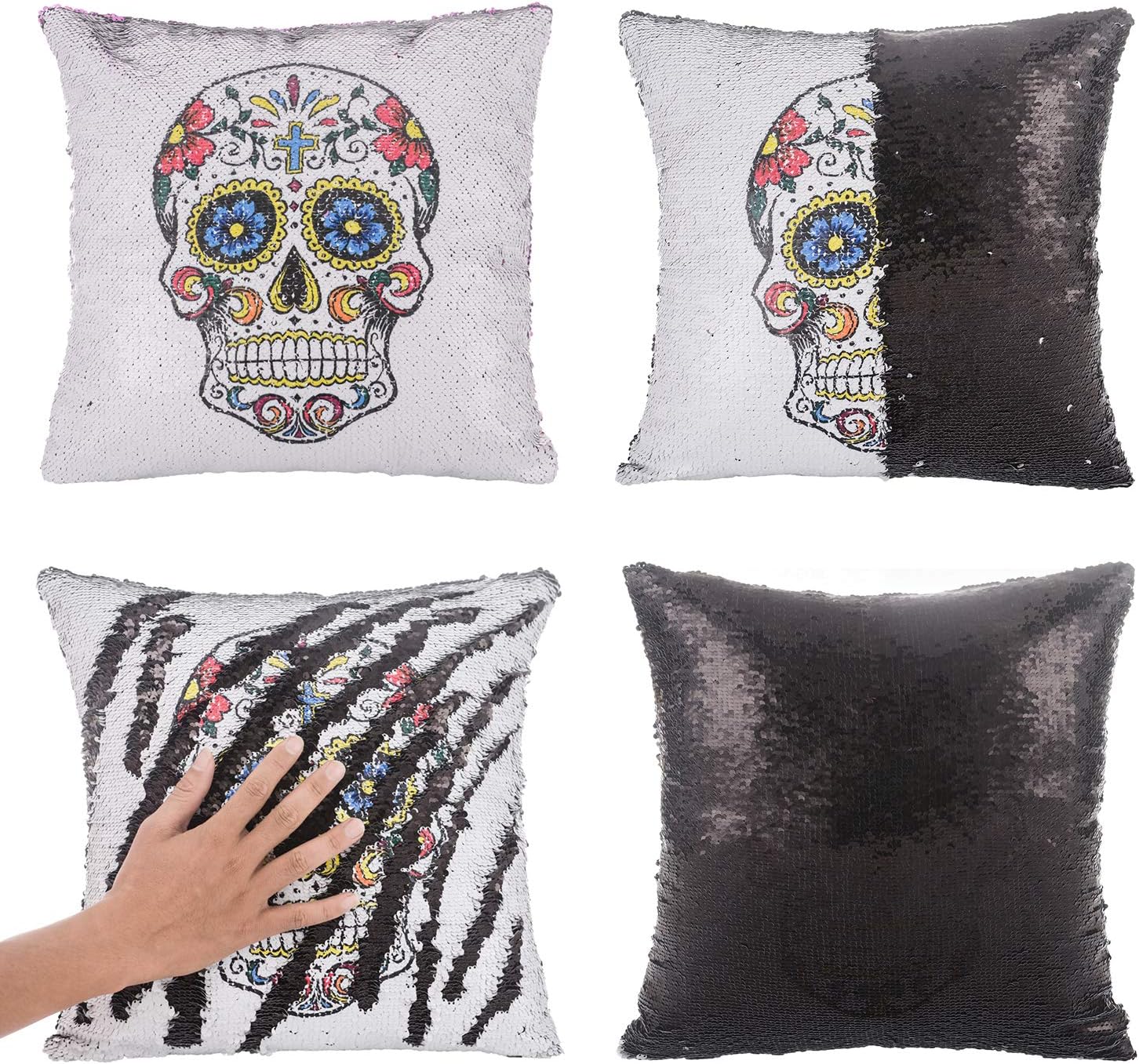 Xiaowli Skull Throw Pillow Covers Mermaid Sequin Pillow Magic Reversible Sequin Pillow Day of Dead Halloween Decoration 16 x 16 (Only Pillow Cover)