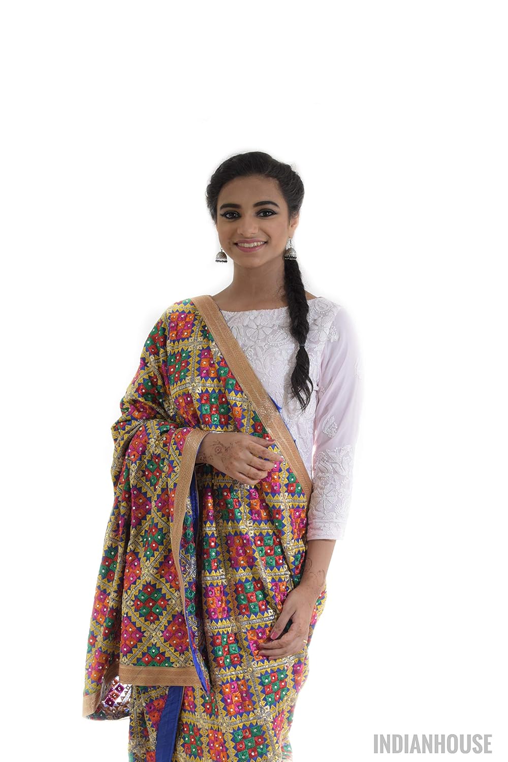 indian house women's chinnon phulkari saree (kaanta1050, blue)