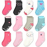 GRPSKCOS Toddler Girls Grip Socks, 12 Pairs Non Slip Breathable Crew Socks for 1-7 Years Girls Kids