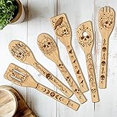 CUTHOLLOW 6PCS Skull Crow Wooden Kitchen Cooking Utensil Set | 11.9in Non Toxic Bamboo Wood Spoon Set for Cooking, Best Housewarming Halloween Decor Gift for Women Mother