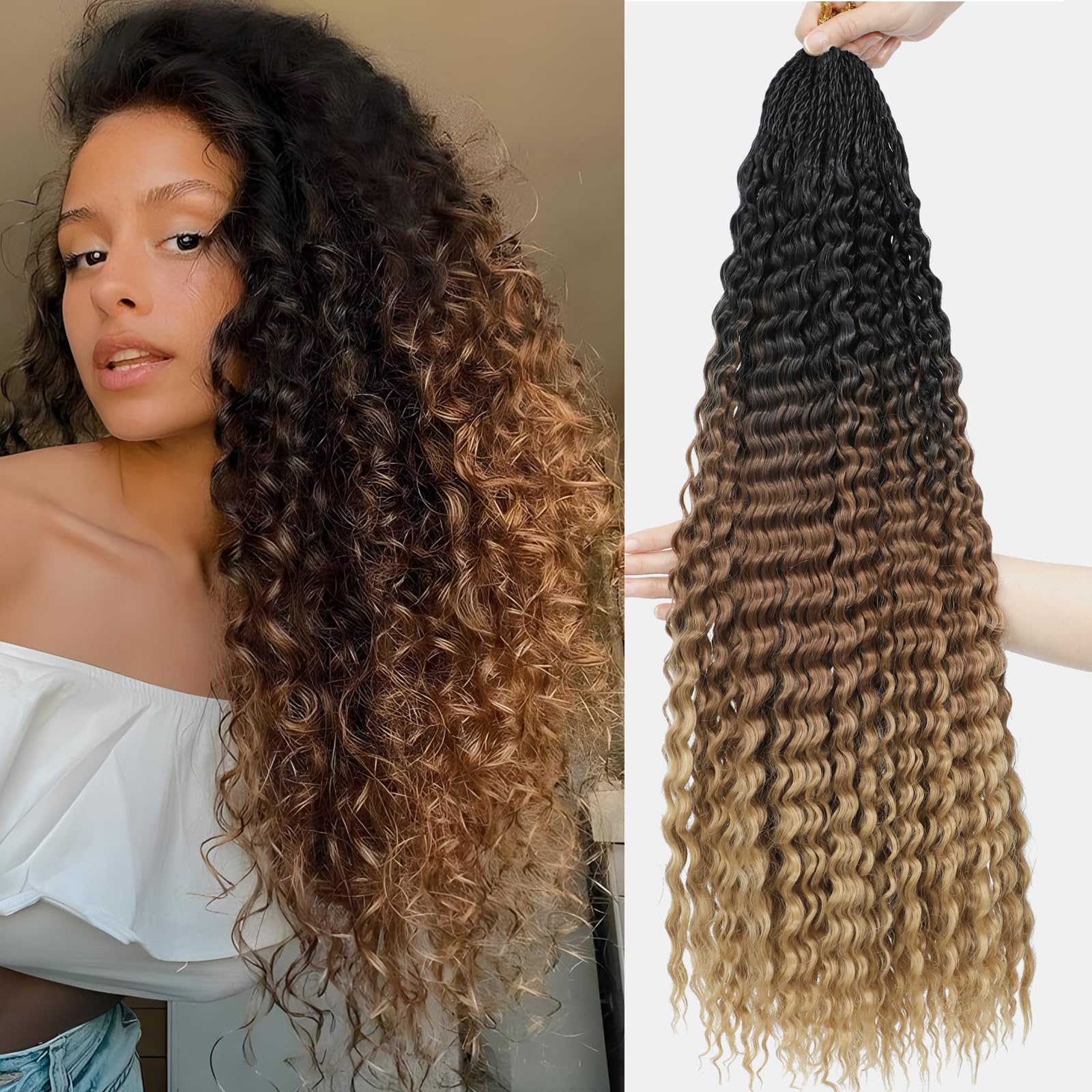 Pre Looped Boho Twist Crochet Hair 8 Packs Water Wave Micro Curly Braiding Hair Extensions Deep Wave Hair For Senegalese Twist Crochet Braids+Styling Tools (1B/30/27#, 18 inch (Pack of 8))