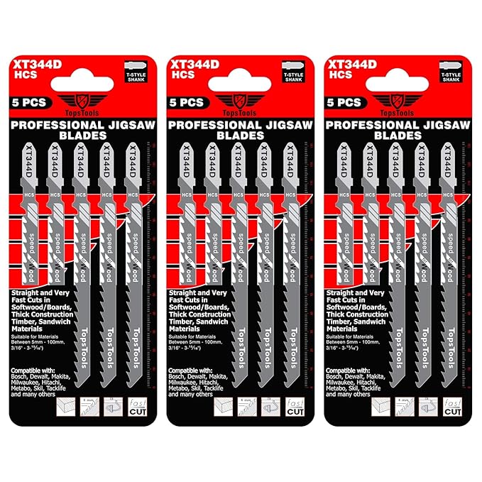 15 x TopsTools JSTTX344D_3 Stichsägeblatt T344D 132mm Lang Stichsägeblätter für Bosch, Dewalt, Makita, Milwaukee und viele me
