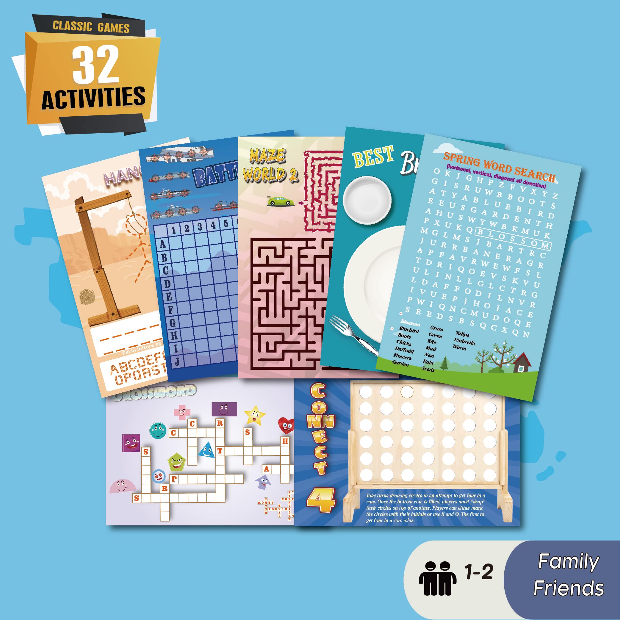 2 Pack Reusable 32 Activity Game Mats Pads with Dry Erase Marker as Travel Toy & Learning Tool for Ages 6-12 (9”X 6”)