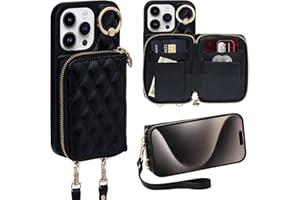 Keallce Case for iPhone 14 Pro 6.1'' Wallet Case, Crossbody Zipper Purse with Handbag Wristlet for Women, RFID Blocking Card Holders, 360° Ring Kickstand Flip Leather Cover for iPhone 14 Pro 5G, Black