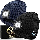 AHASTI 2 Pack Bluetooth Beanie Hat with Light for Men, Rechargeable LED Beanie with Light, Headlamp Cap Wireless Headphones, Christmas Gifts for Teens Stocking Stuffers for Men Dad（Black&Navy）