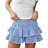 Women Y2K Plaid Tiered Mini Skirt Low Waist Lace Trim Gingham Pleated Short Skirt Cosplay Party Streetwear