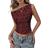 Lazysmile Womens Summer Floral Off Shoulder Tops Sleeveless Ruched Slim Fit Shirts Blouse Y2K Going Out Mesh Tank Tops