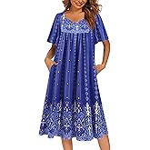 Ekouaer Women's House Dress - Pleated Nightgown with Short Sleeves & Pockets