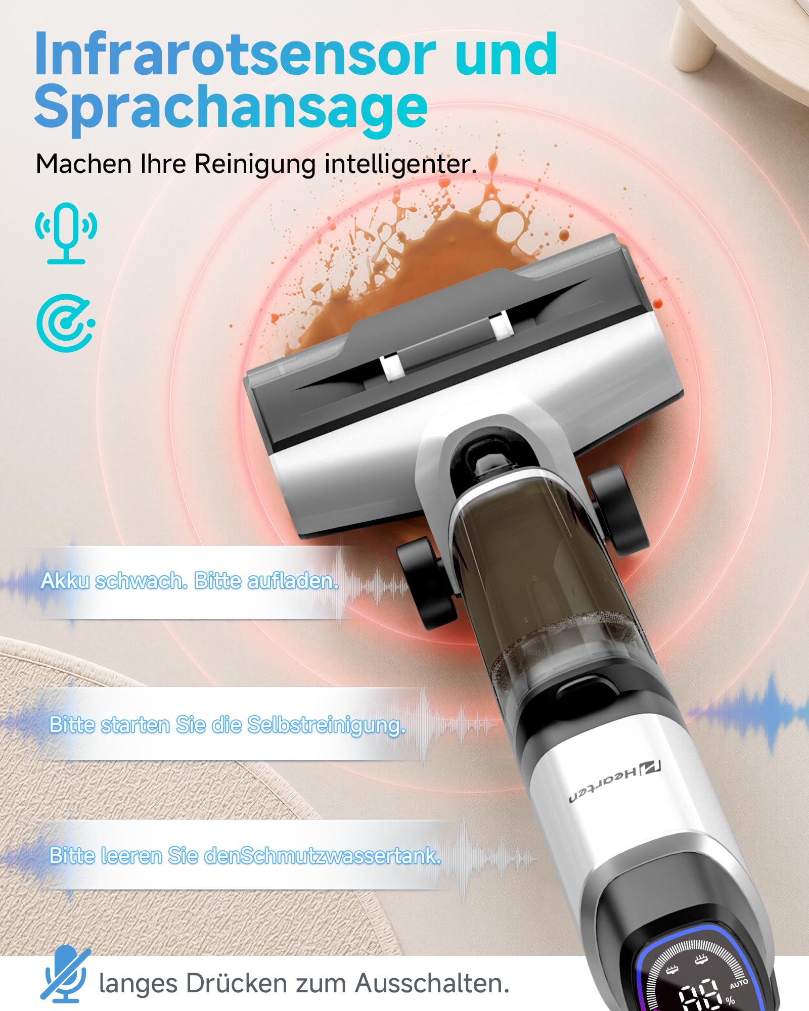 Hearten Nass Trockensauger, 25 kPa, mit Wasserelektrolyseur zur Desinfektion, Selbstreinigung, Sprachansage, Randreinigung, LED-Display, Bürstenloser Motor, Geräuscharm, Haushalte 7