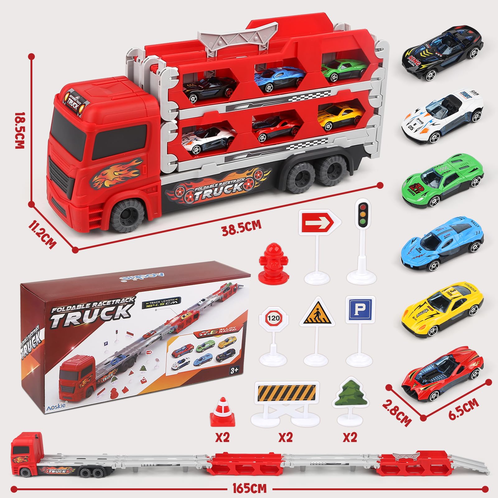 Aoskie Transport Truck Spielzeugautos für Jungen im Alter von 3, 4, 5, 6 Jahren, tragbares Rennbahn Truck Spielzeugauto mit 6 Rennautos, Transporter Fahrzeug Spielzeug Set für Kinder 7