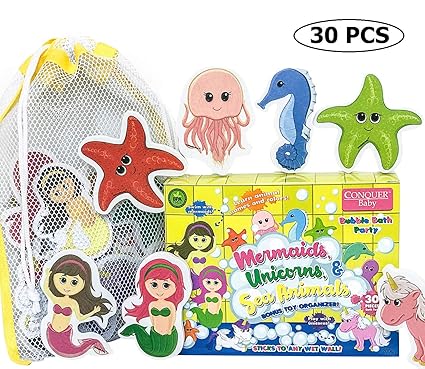 Conquer Baby - Bath Toys for Toddlers Kids Girls | Sticks to Wet Wall Foam Toys - Mermaid Unicorn Sea Animals + Bathtub Toy Organizer Storage Set, Preschool Educational Floating Water Toys - 30 PC