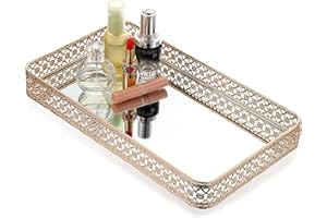 ELLDOO Gold Perfume & Makeup Vanity Tray - Hollow-Carved Jewelry Storage, Glass & Metal Trinket Organizer for Dresser & Bathroom Countertop, Large Size