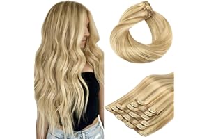 HOTBANANA Human Hair Clip in Hair Extensions, Balayage Light Blonde Highlighted Golden Blonde (Ash Tone) 120g Clip in Hair Extensions Real Human Hair Straight Remy Hair Extensions 16 Inch 7pcs
