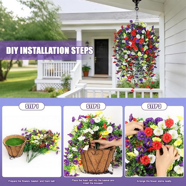 INQCMY ARTIFICIAL FLOWERS FOR OUTDOOR SPRING SUMMER DECORATION FAUX SILK MORNING GLORY FAKE HANGING FLOWERS UV RESISTANT LOOK REAL FOR HOME PORCH (10PCS PURPLE&RED&WHITE&YELLOW+1 BASKE)