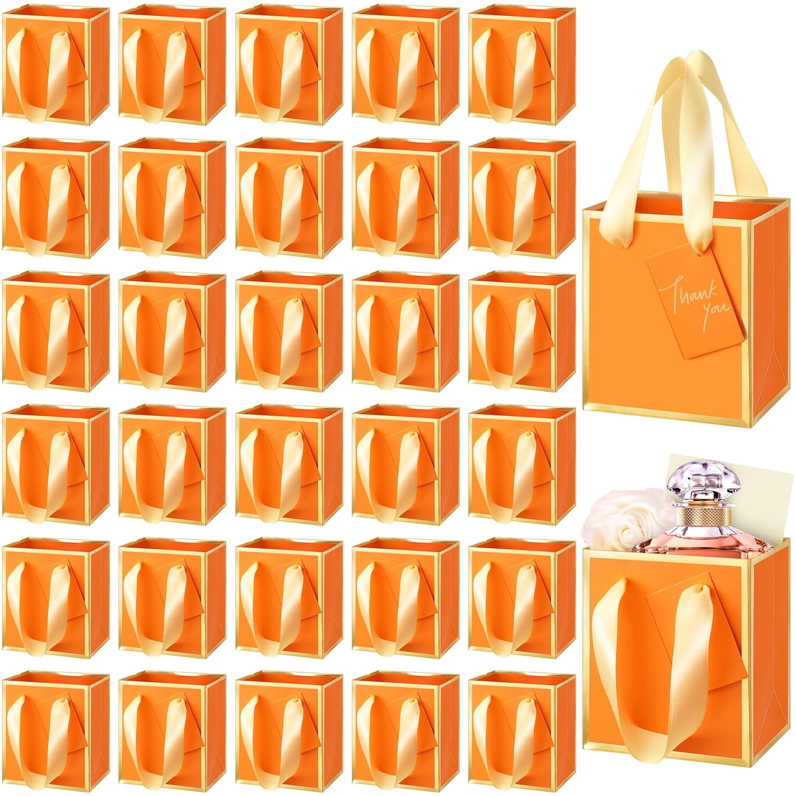 Photo 1 of Yeaqee 50 Pcs Mini Metallic Paper Gift Bags with Handles 4x2.75x4.5'' Tiny Small Gift Bags with Thank You Tag for Wedding Favor Birthday Welcome Return Gifts(Orange, Gold)