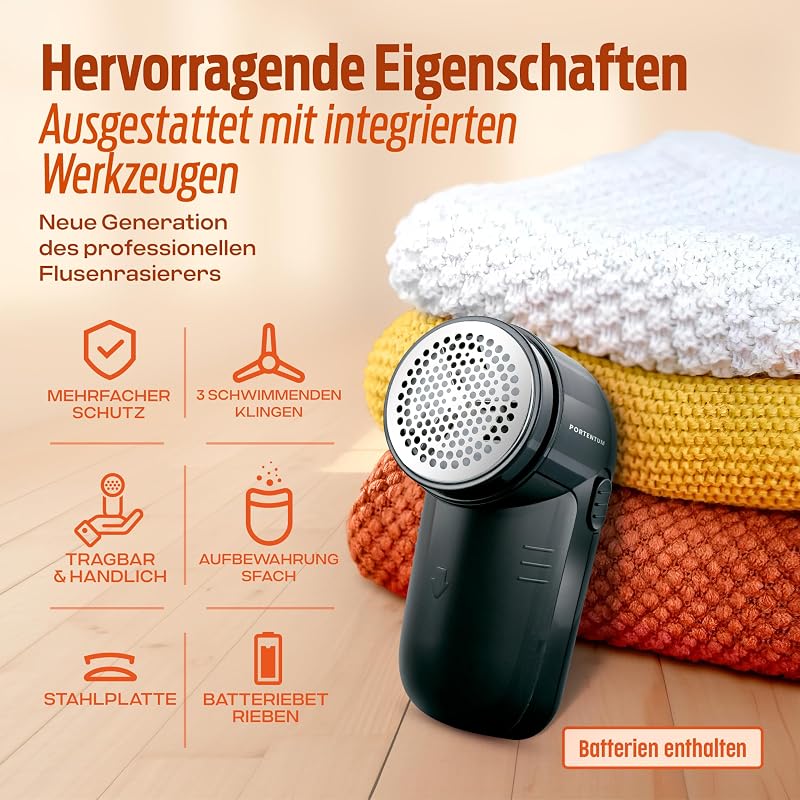 Fusselentferner für alle Kleidungsstücke, entfernt kleine Knötchen, 2 Höheneinstellungen, batteriebetrieben (2 AA-Batterien inkl.), 8 x 12.3 x 5.8 cm, schwarz