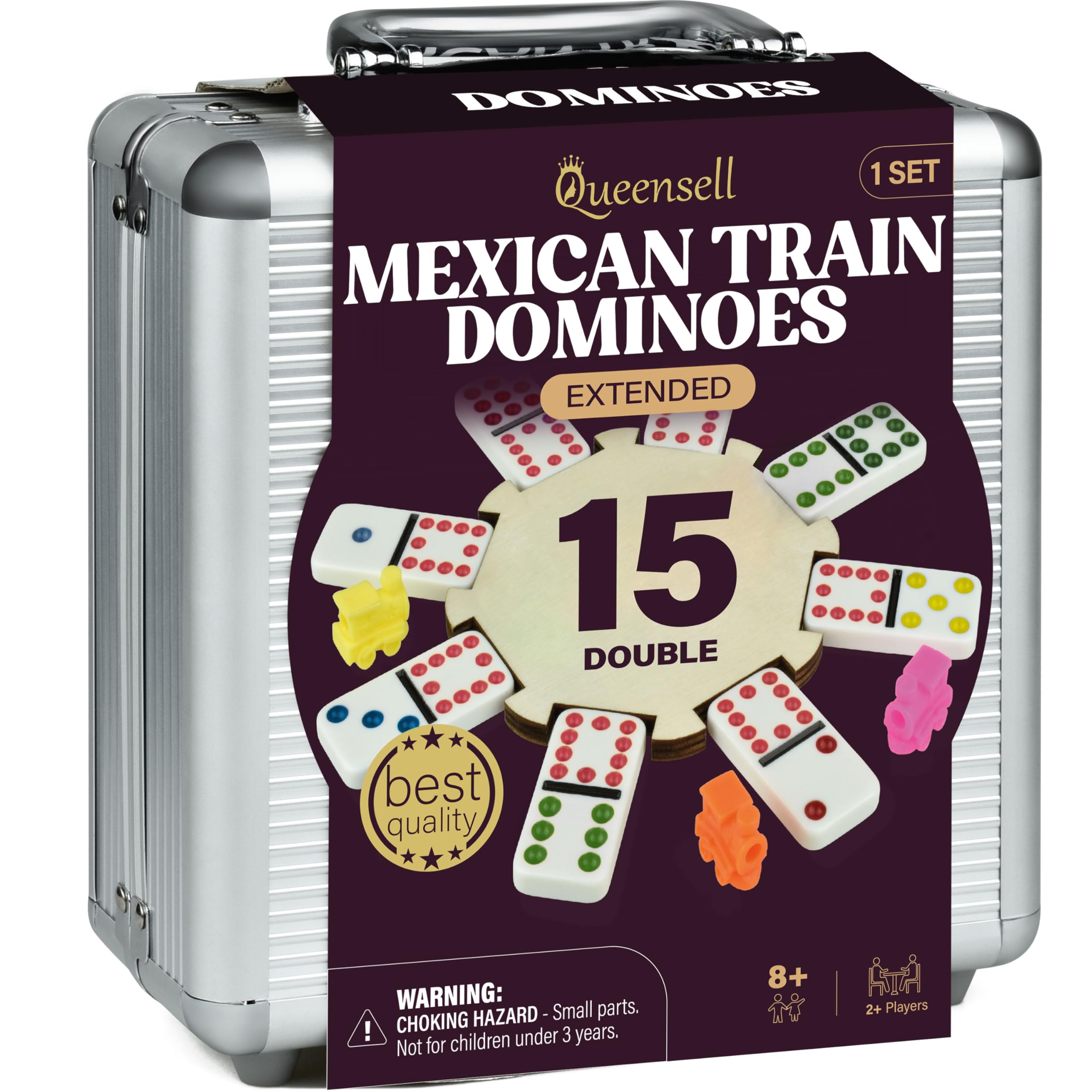 Photo 1 of Queensell Mexican Train Dominoes Set Double 15 for Adults and Family, Mexican Train Double 15 Dominoes Set Colored Dot - 136 Tiles, 9 Trains, Wooden Hub, Aluminum Case (Double 15)