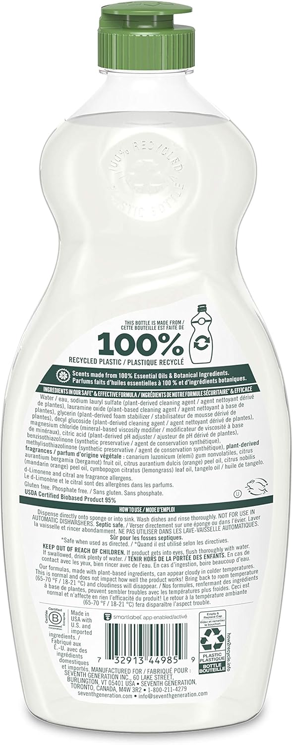 Seventh Generation Dish Soap Liquid Clementine Zest Lemongrass Scent, 114 Fl Oz: Health & Personal Care