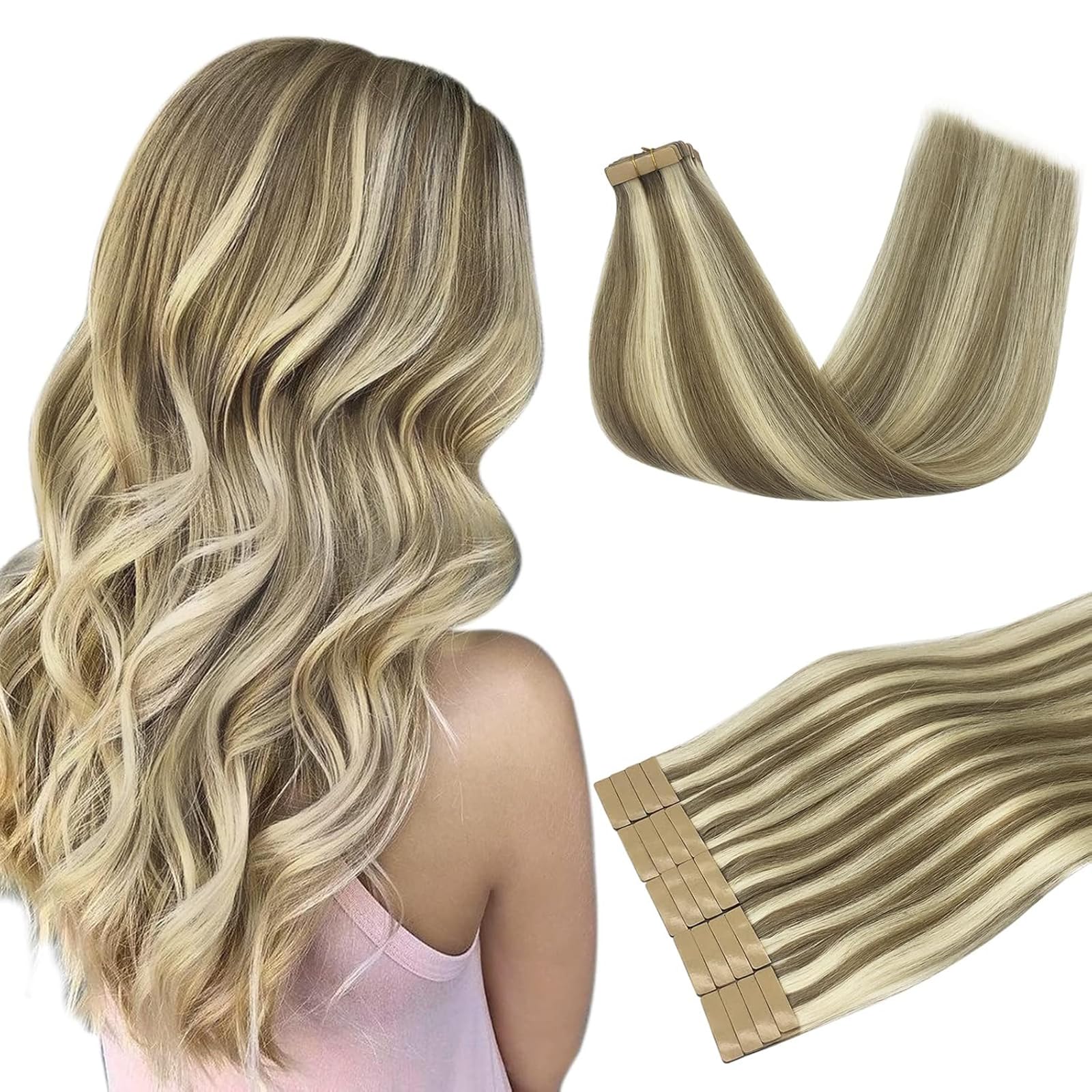 DOORES Tape in Human Hair Extensions, Light Brown Highlighted Medium Blonde 22 Inch 50g 20pcs, Tape in Hair Extensions Remy Straight — image 1