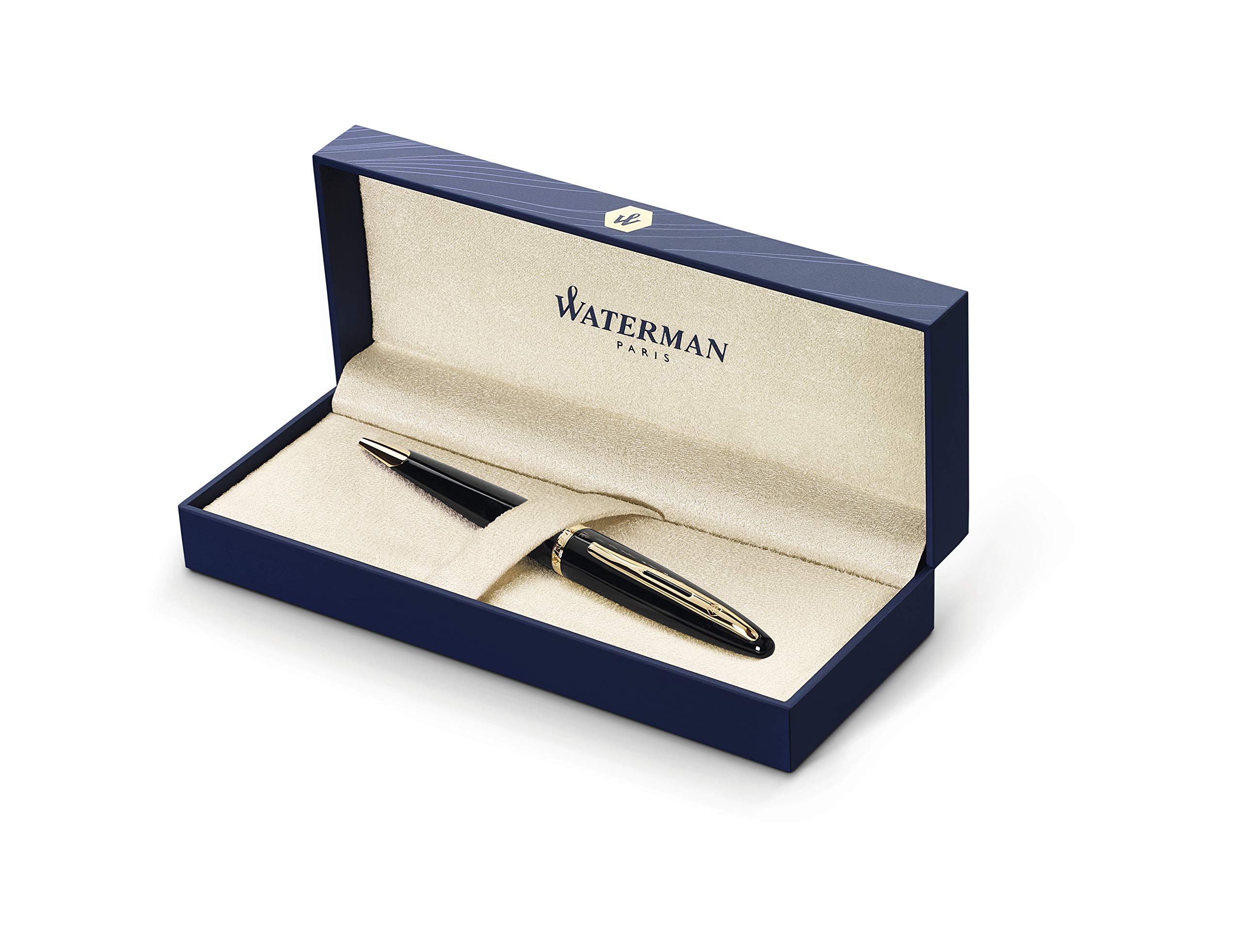 Waterman Carène Black Sea Ballpoint Pen | High-Gloss Black & 23k Gold Clip | Medium Point with Blue Ink Cartridge | Gift Box