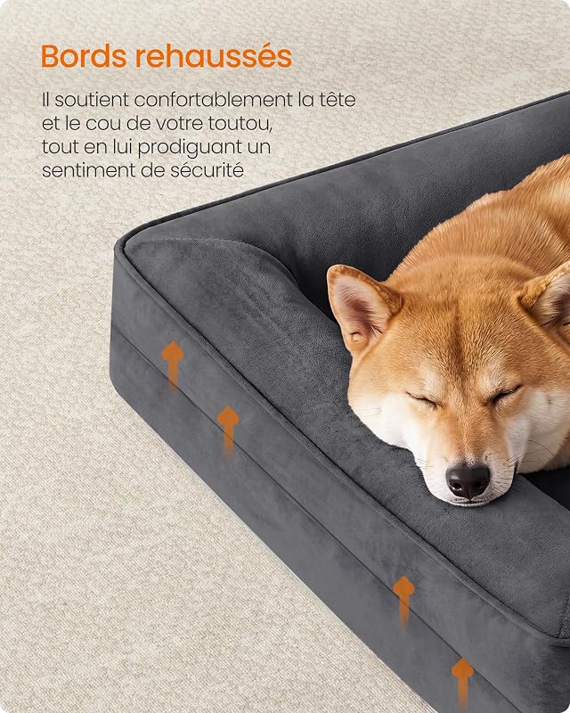 Panier pour Chien Orthopédique, Lit pour Chien L, Bord Surélevé, Mousse Alvéolée, Housse Amovible, Lavable, Antidérapant, Doublure Hydrofuge, Gris Ardoise, 89 x 63 x 16 cm PGW322GN01