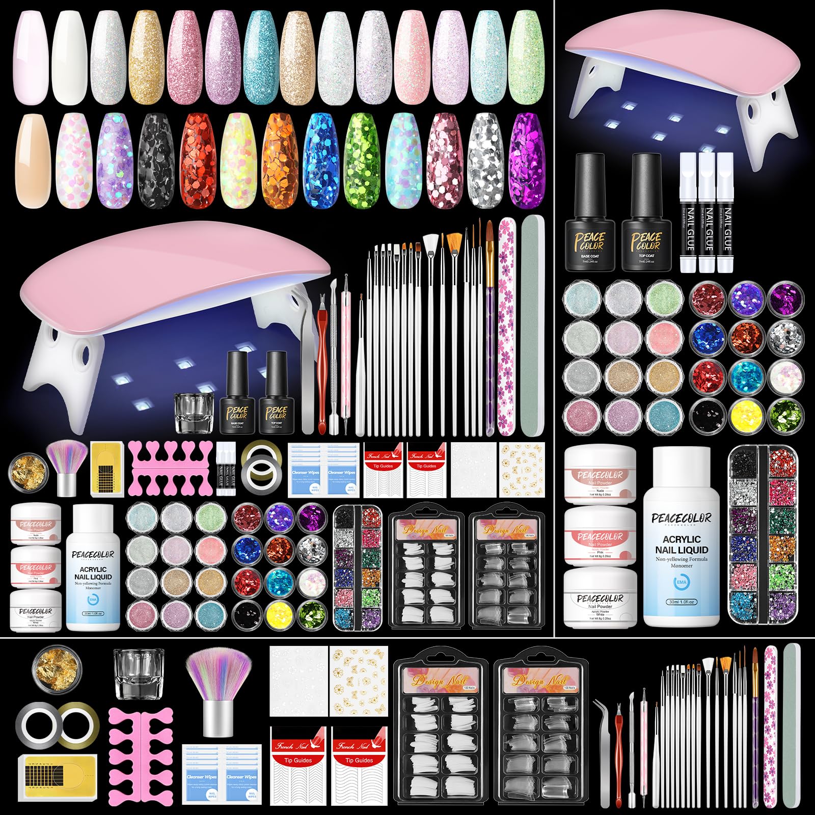 PEACECOLOR 39PCS Acrylic Nail Kits with Lamp 3 Colours Acrylic Powder Liquid Set with 24pcs Glitter Powder Nail Art False Nail Tips Manicure Full Set for Beginners Starter Kit