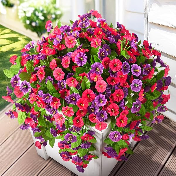 INQCMY ARTIFICIAL FLOWERS FOR OUTDOOR SPRING SUMMER DECORATION FAUX SILK MORNING GLORY FAKE HANGING FLOWERS UV RESISTANT LOOK REAL FOR HOME PORCH (HOT PINK&ORCHID-2B)